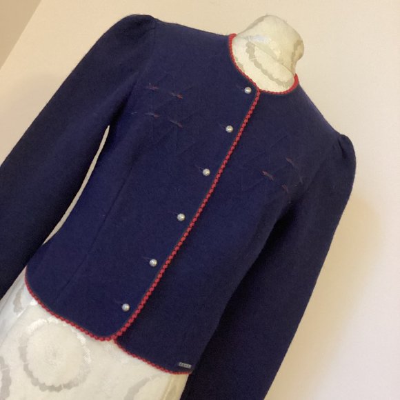 GEIGER Austria Boiled Wool Sweater Jacket Cardigan Navy with Embroidered Trim 38 - Picture 2 of 4